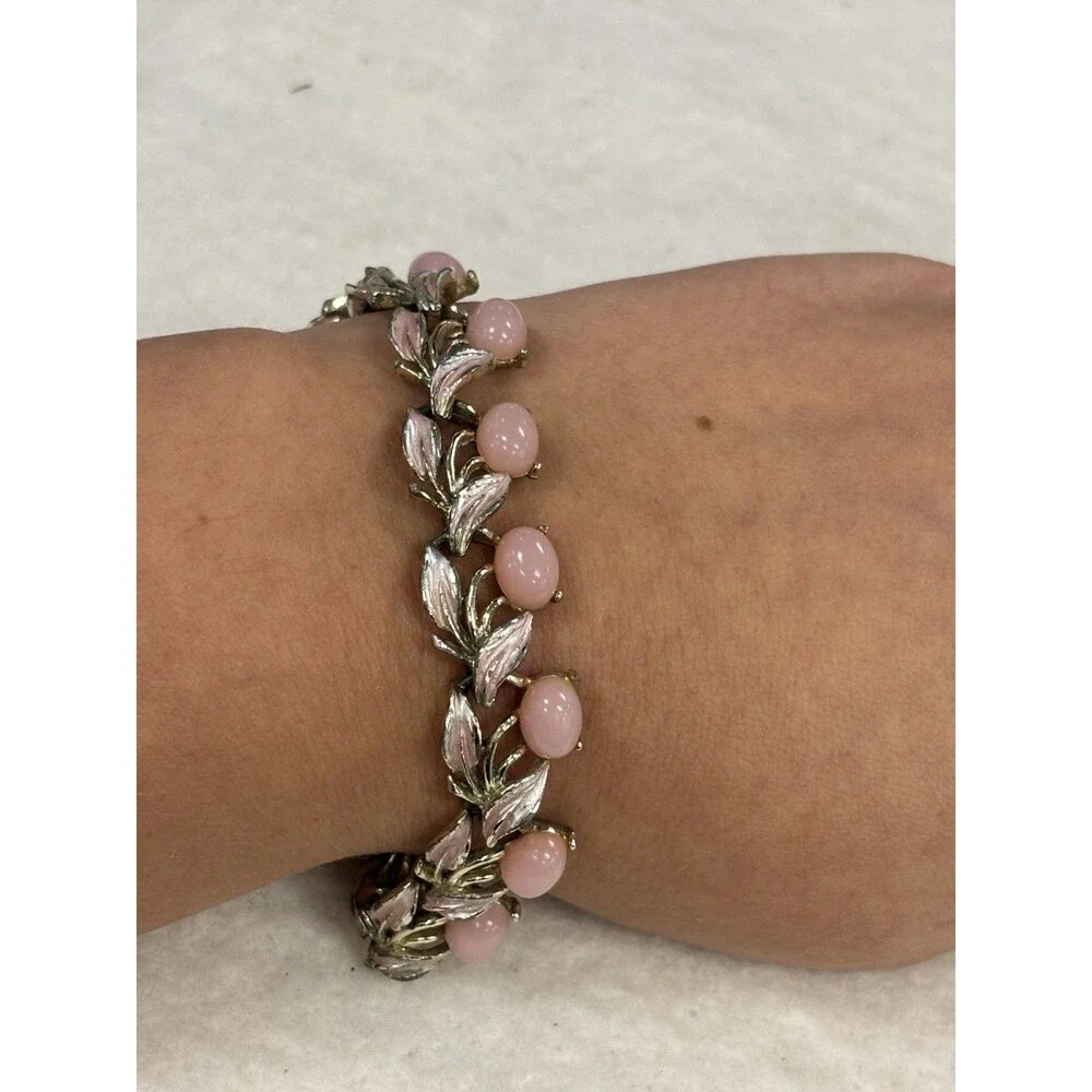Vintage Judy Lee Pink Lucite Cabochon Enamel Leaf Link Bracelet 7.5” Signed MCM